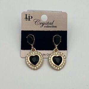 Black Crystal Heart Drop Earrings – Gold-Tone Statement Jewelry